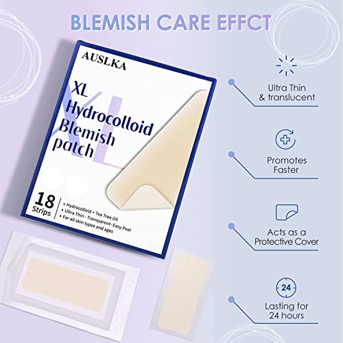 AUSLKA Large Blemish Patches, XL Pimple Patch -18 Strips - Hydrocolloid Patch for Covering Zits - Spot Stickers - Vegan and Cruelty for Face and Skin