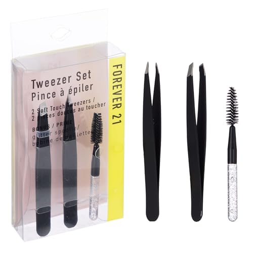 3pc Black Tweezer Set & Glitter Spoolie - Hair Removal Tweezers,Angled and Pointed Tweezer Set, Precision Tweezers & Eyelash Spoolie Set