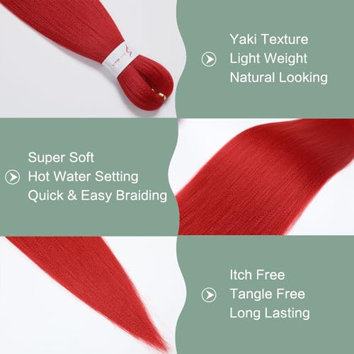 Pre-stretched Braiding Hair 20 Inch 3Packs Red Braiding Hair for Braids, Soft Yaki Texture Box Braids Hot Water Setting Synthetic Kanekalon Braiding Hair Pre Stretched（20 Inch, Red#)