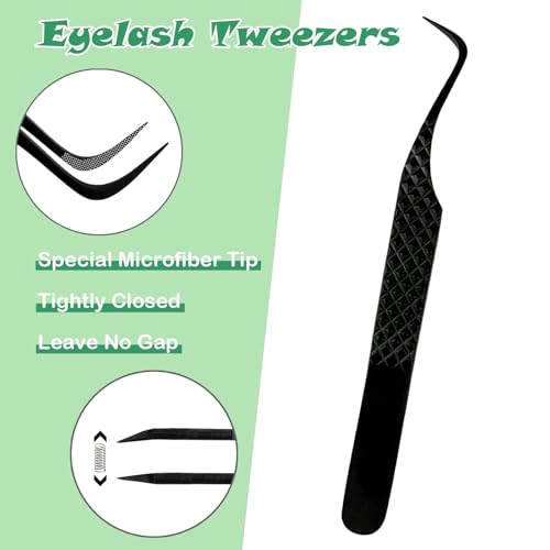 Lash Tweezers For Eyelash Extensions Fiber Tip Lash Tweezer Precision Professional Craft Tweezer, Japanese Steel (Black S-Curved Tweezer)