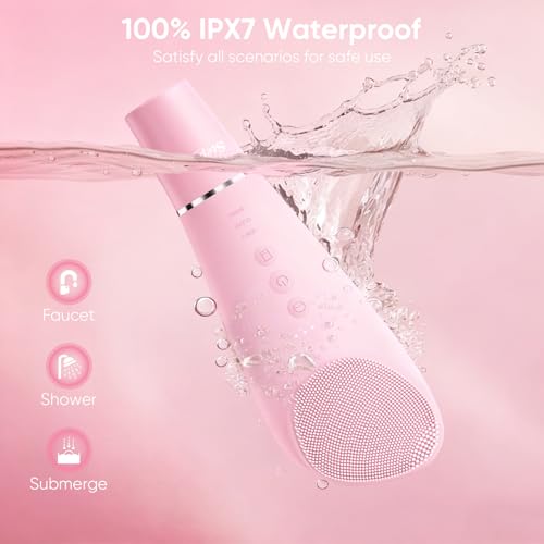 Silicone Face Scrubber Blackhead Scraper Rechargeable 2-in-1 Facial Cleansing Brush & Skin Spatula Duo, IPX7 Waterproof Exfoliating Massager Deep Cleansing for Women and Men£¨Light Pink£©