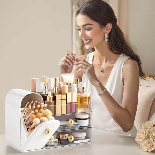 HBlife Large White & Clear Makeup Organizer with Drawers & Brush Holder