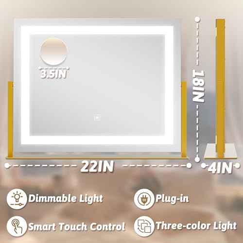 ROLOVE Vanity Mirror with Lights 22"x18", Lighted Makeup Mirror with 10X Magnification, Smart Touch 3 Colors Dimmable, 360¡Æ Rotation, Women Gift, Dresser Mount, Bathroom (Gold)