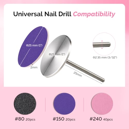 MelodySusie 80Pcs Multicolor Sandpaper Discs with 25mm Metal Drill Bit for Nail Care