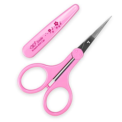 Humbee Eyebrow Scissors, Small Scissors for Facial, Nose, Eyebrow, Mustache, and Beard Hair Trimming & Grooming, Straight Edge, Pink Long Cap