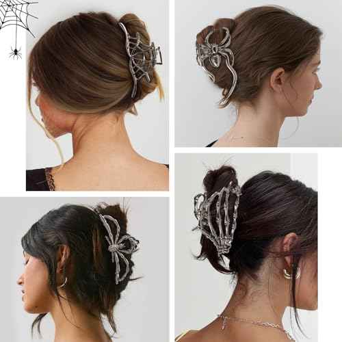 4 PCS Halloween Hair Claw Clips for Women Girls, Gothic Spider Black Metal Claw Clips, Non-Slip Hair Claws for Thick Thin Hair, Spider Web Skeleton Hand Skull Hair Clips, Spooky Hair Accessories Gifts