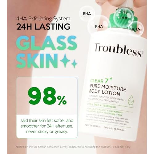 Troubless CLEAR 7 Plus Pure Moisture Body Lotion - Hydrating Body Moisturizer for Troubled Sensitive Skin w/ 7 Skincare Ingredients Gentle, Calming & Non Greasy Body Cream for Women & Men (16.9 fl oz)