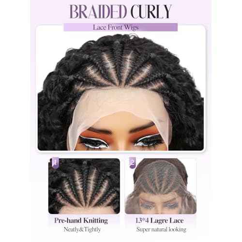 Quantum Love Braided Wigs for Black Women Braids Cornrows Lace Curly Wigs 16 Inch Lace Frontal Braided Fully Curly Bob Synthetic Glueless Wig