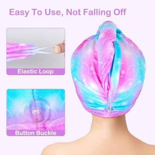 FIOBEE Microfiber Hair Towel Wrap for Kids Rapid Drying Turbans for Wet Hair with Button Women & Girls Long, Curly Hair Pack of 2, Purple/Green Mermaid