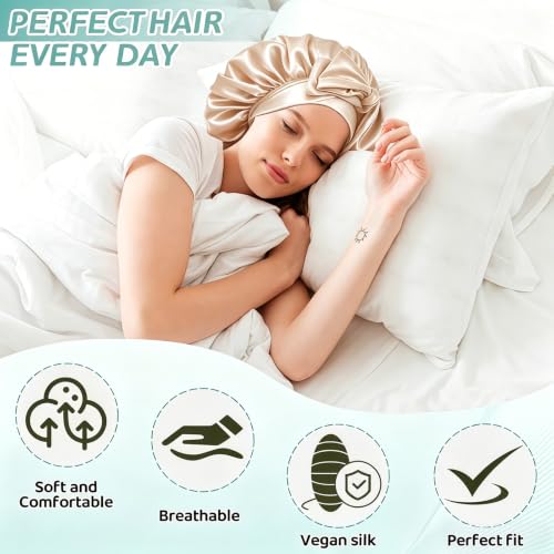 VECIIR Silk Bonnet for Sleeping - Large Beige Hair Cap