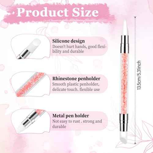 3 Pcs Nail Art Sculpture Pen, Dual Tipped Silicone Nail Tools, Silicone Head Acrylic Handle Nail Art Brushes, Rhinestone Nail Polish Carving Pen, Nail Art Tools for Home Salon(White, Pink, Orange)