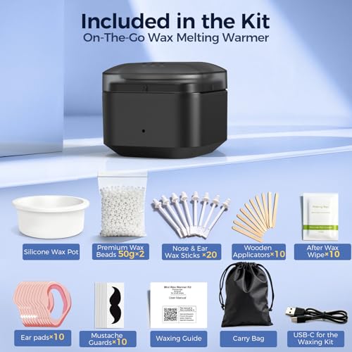 Nose Wax Kit Men: Nose and Ear Hair Removal Kit with Smart Temperature Control & USB C Fast Heating, Nose Hair Wax Kit Includes 100g Hard Wax Beans 20 Sticks & Travel Bag | Lasts up to 7 Weeks 15 Uses
