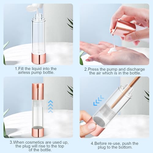 8 Pcs 50ml/1.7oz Airless Pump Bottles Empty Vacuum Bottle Rose Gold Travel Size Cosmetic Containers for Liquid Foundation Lotion Moisturizer Shampoo Make Up