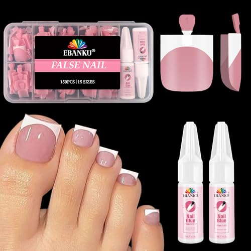 EBANKU Press On Toe Nails 150pcs French Pink Acrylic with Glue