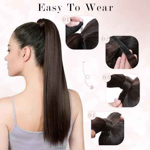 Ponytail Extensions Human Hair Long Ponytail Hair Extensions with Magic Paste Wrap Around Clip in Ponytail Extensions Real Human Hair,14inch #12P613 Golden Brown mixed Bleach Blonde,80g