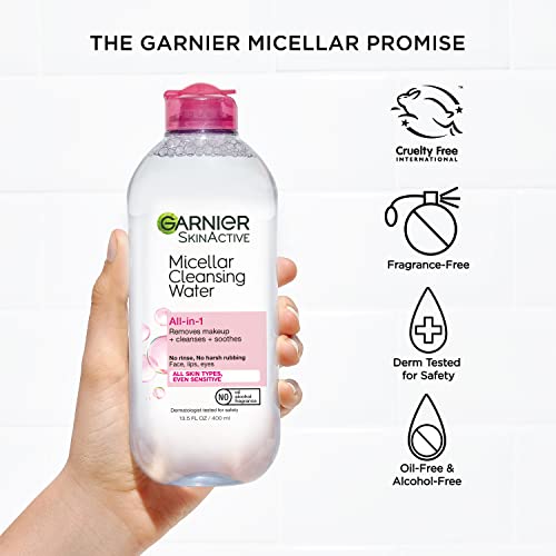 Garnier Micellar Cleansing Water, All-in-1 Makeup Remover and Facial Cleanser, For All Skin Types, 3.4 Fl Oz (100mL), 1 Count (Packaging May Vary)