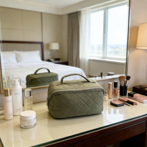 Travel Makeup Bag with 7 Compartments - Lay Flat Cosmetic Organizer