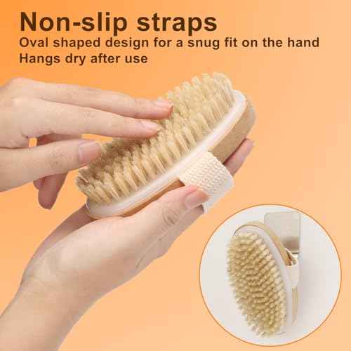 2Pcs Natural Bristle Exfoliating Brush, Body Scrubber for Lymphatic Drainage, Blood Circulation, Wet and Dry Brush, Deep Exfoliation for Smooth Skin