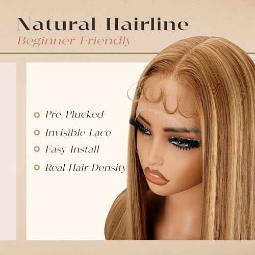 BLL Lace Front Wig Honey Blonde Synthetic Pre-Plucked Highlight Glueless Wigs 30 Inch Straight Hair Wig Ready To Wear (Honey Blonde 4/27, 30 Inch)