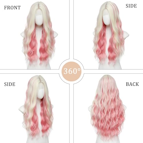 Blonde Pink Long Wavy Wig 26 Inch - Heat-Resistant Synthetic Fiber
