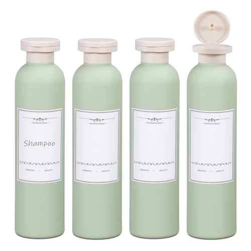 ASEVAT 8.8oz 4Pcs Green Plastic Refillable Travel Shampoo and Conditioner Bottles Plastic Refillable Travel Shampoo Bottles with Flip Cap Shampoo and Conditioner Dispenser