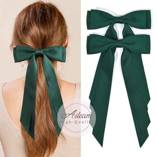 2PCS Silky Satin Hair Bows Hair Clip Green Hair Ribbon Ponytail Holder Accessories Slides Metal Clips Hair Bow for Women Girls Toddlers Teens Kids