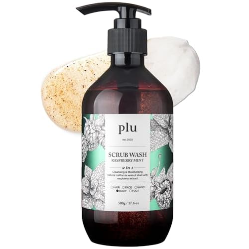 PLU Scrub Body Wash Raspberry Mint ? Korean Exfoliating Body Cleanser - Hydrating, Nourishing, Radiant Glow Skin - Sweet & Fresh Berries and Mint Scent - Hypoallergenic, 16.9 fl.oz.