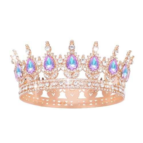 Rose Gold & Violet Rhinestone Wedding Crown Tiara