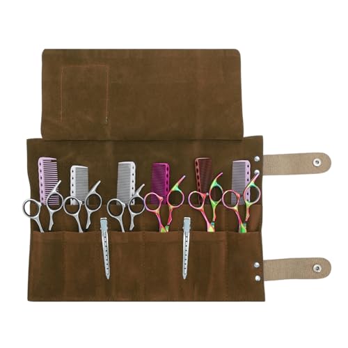 VOCOSTE Barber Scissor Roll-Up Bag with 12 Pockets, Brown