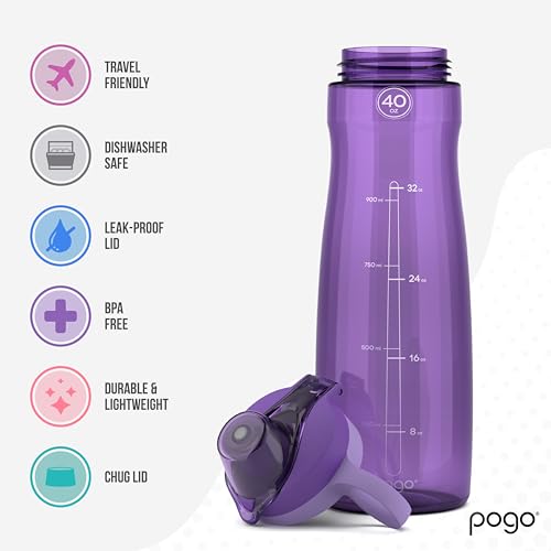 Pogo BPA-Free Tritan Plastic Water Bottle with Chug Lid, 40 Oz, Purple