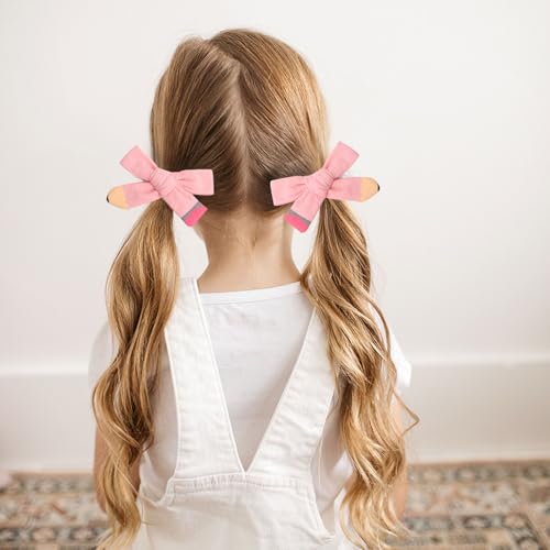 Back To School Hair Clips Pink Bows Hair Clips Pencil Shape Design Students Hair Accessories Soft Fabric Hair Clips for Styling Decorations for Girls First Day of School 2 PCS