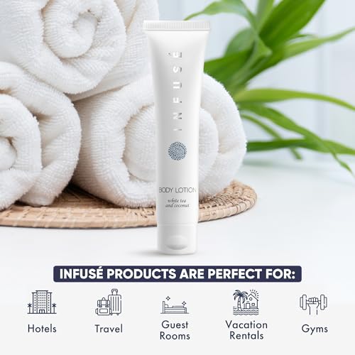 Travel Size Hotel Body Lotion 20 Count 1 oz Bottles Guest Amenities for Hotels Vacation Rentals and Short Term Rentals Paraben Free White Tea and Coconut Scent Infused with Aloe & Olive Oil by INFUSE