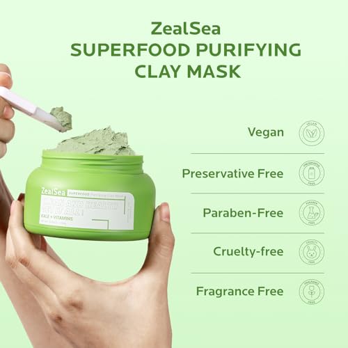 ZealSea Superfood Clay Face Mask: Deep Cleansing Mask for Controlling Oil & Blackhead Removal Pore Cleansing Antioxidant Anti-Aging Hydrating Facial Mask Vegan Skincare 5.29 Oz