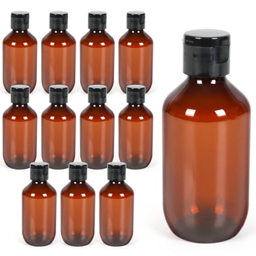 TRENDBOX Travel Size Amber Bottles with Flip Cap - 12 Pack 3.4oz Leak Proof Dispenser Containers for Toiletries, Essential Oils & Shampoo - Set of Small Empty Plastic Bottles