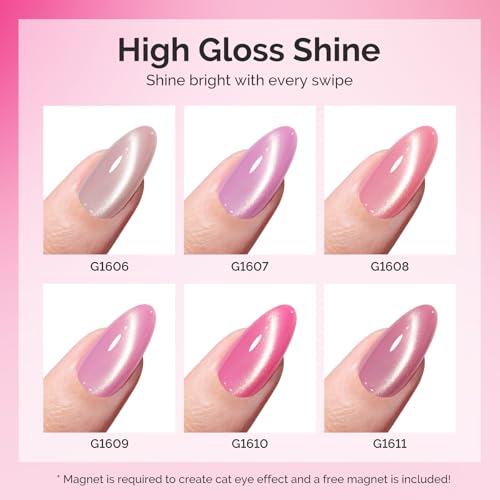 Pink Gem Cat Eye Gel Nail Polish Set - 6 Colors with Magnet, UV Long-Lasting Manicure