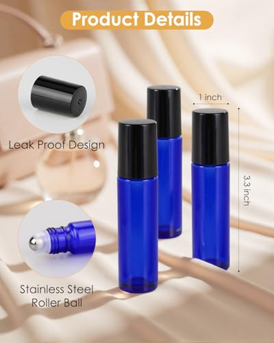 Blue Refillable 10ml Essential Oil Roller Bottles - 4 Pack with Funnel