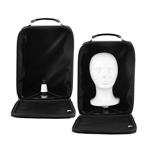 Small Wig Travel Box with Top Handle, Shoulder Strap & Double Zipper, Carrying Case with Removable Head-Holding Base - Black Square Design - by Adolfo Design