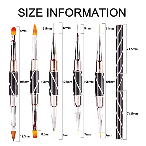 JERCLITY 5pcs Twill Black Double-Ended Nail Art Brushes Set Nail Liner Brush Nail Lace Brush Round Flat Gel Builder Brush Nail Carving Pen 3D Painting Brush Nail Design Tools for Acrylic Nails