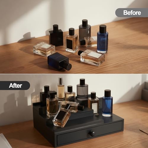 Cologne Organizer for Men,Solid Wood Cologne Stand with Drawer and Hidden Compartments, Cologne Shelf,Dresser Organizers,Organizador de Perfumes,Perfume Stand Organizer for Bedroom,Black