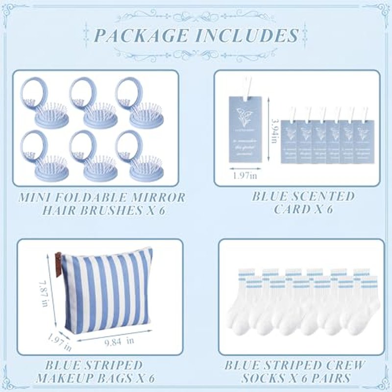 6-Piece Bridesmaid Proposal Gift Set – Blue Striped Makeup Bags, Socks & Brush