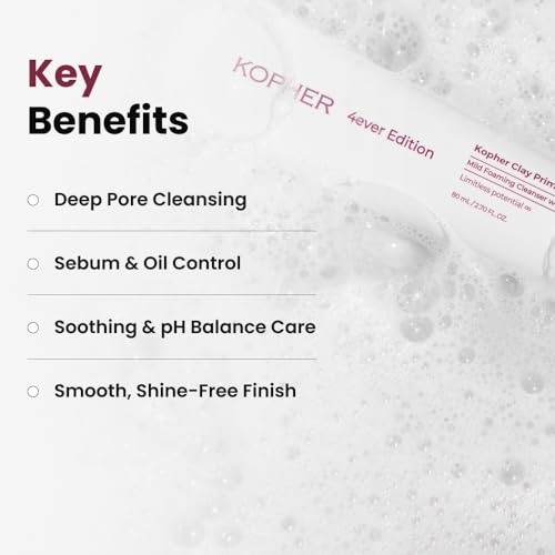 Kopher Clay Prime Pack to Foam [4ever Edition] Facial Cleanser: Hydrating & Purifying Cleanser for Sensitive Skin - Makeup Remover, pH Balanced, Korean Skincare (2.7 fl.oz.)