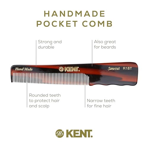 Kent R18T Handmade Fine-Tooth Hair and Beard Styling Comb for Men With Fine Hair - With Thumb Grip, Saw Cut, Hand Polished, Made in England