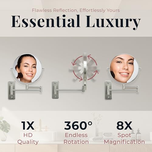 Zadro 7" Wall Mounted Wardrobe, Vanity Makeup Mirror with Magnification & Extending Arm (Large | 12.25" x 12" | 8X/1X, Satin Nickel)