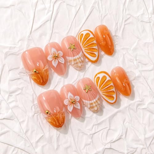 UZJXQ Medium Orange Ombre 3D Shell Gold Fake Nails - Style-3 Short, 24Pcs