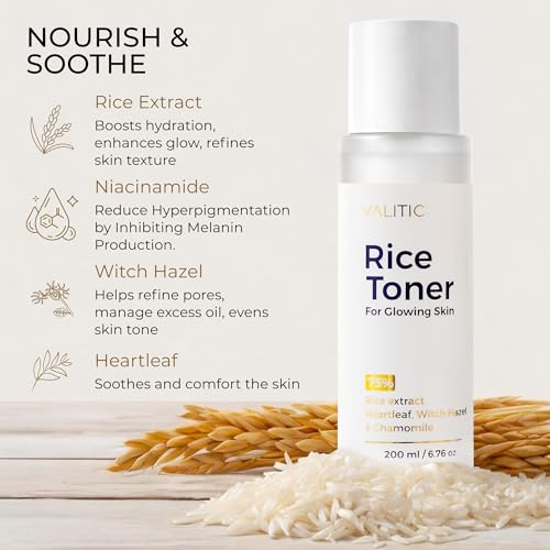 VALITIC Rice Toner - 75 Rice Extract Milky Toner for Face with Niacinamide, Heartleaf, Witch Hazel and Chamomile Essence - Facial Glass Skin Hydrating Skin Care - 200 ml, 6.76 fl oz
