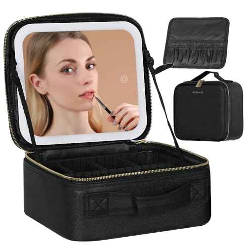 Travel Makeup Bag with LED Lighted Mirror, Cosmetic Makeup Organizer Bag with 3 Color Setting, Makeup Train Case with Adjustable Dividers for Women Makeup Brushes Jewelry Accessories (Black)