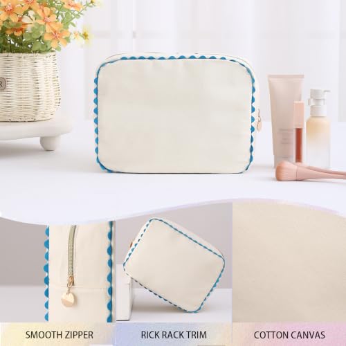 Canvas Makeup Bag with Rick Rack Trim, Blue Stripe Cosmetic Organizer
