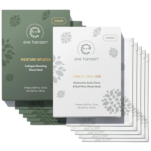 Eve Hansen Sheet Masks Set | Collagen and Hydrating Face Mask Sheet with Hyaluronic Acid, Red Wine Extract | 10x