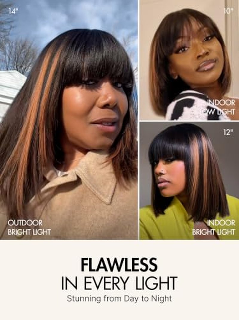 10 Inch Yaki Straight Bob Wig with Bangs & Brown Highlights