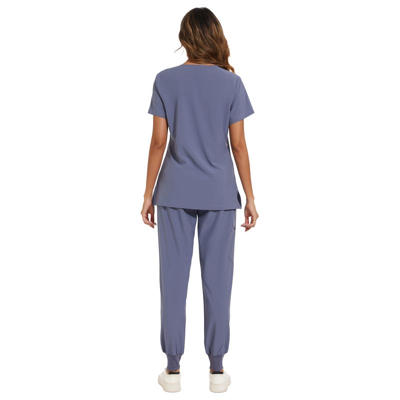 COZYFIT Scrubs for Women Set - Stretch V-Neck Scrub Top & Jogger Pant with 8 Pockets, Yoga Waistband, Anti Wrinkle, Slim Fit Women Scrubs - Grey, XS